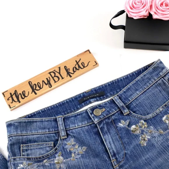 Elie Tahari Blue Boot Cut Jeans with Silver Floral Embroidery - Picture 2 of 8